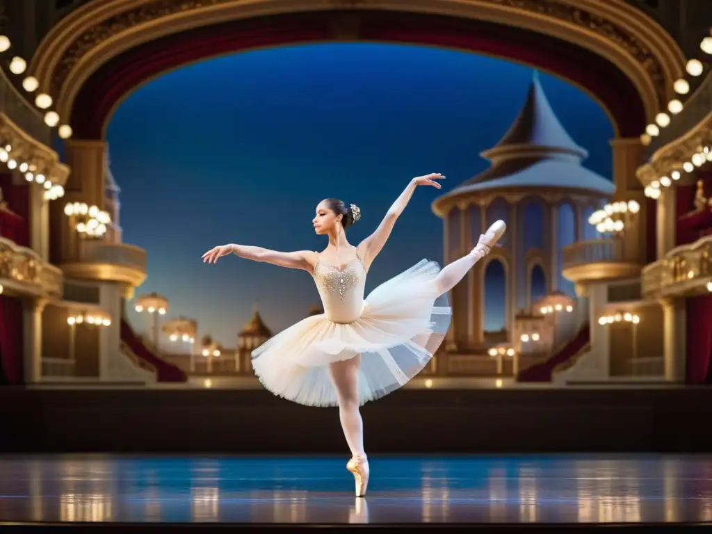 Una ballerina ejecuta un grand jeté en un escenario elegante, representando la belleza y la historia del ballet clásico