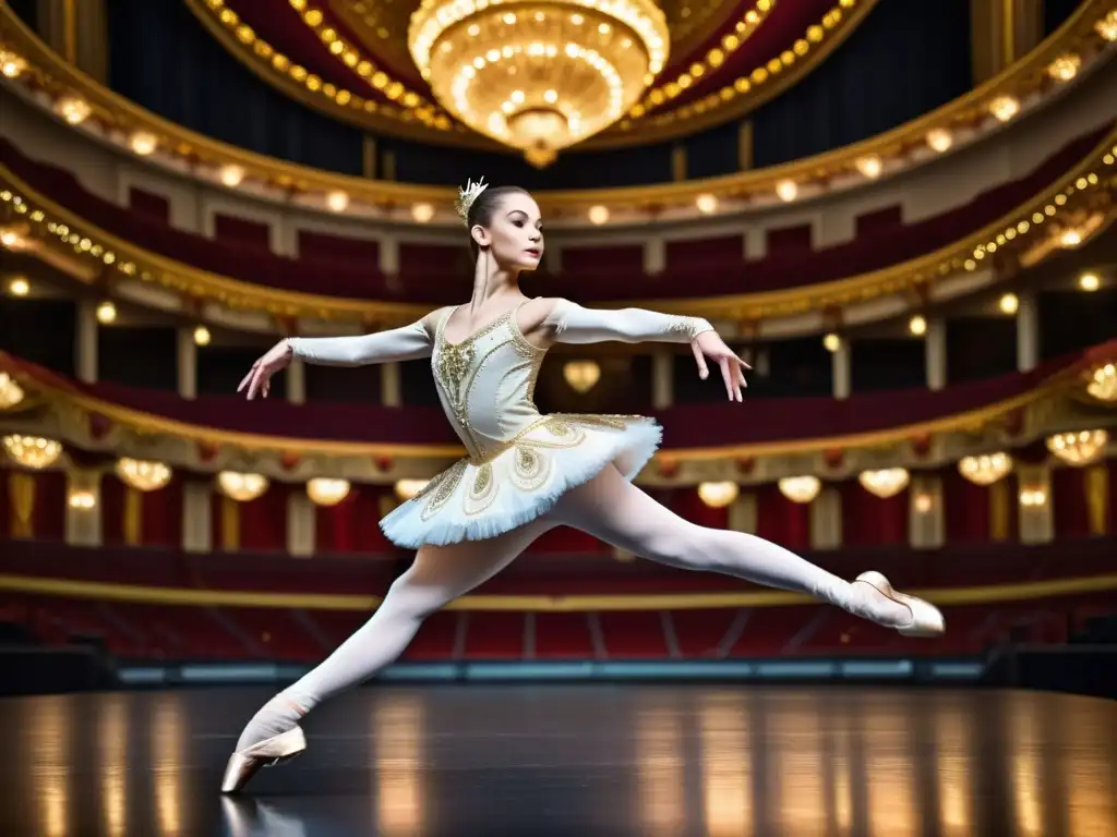 Una ballerina en un salto elegante, con traje adornado de lentejuelas, en un escenario teatral majestuoso