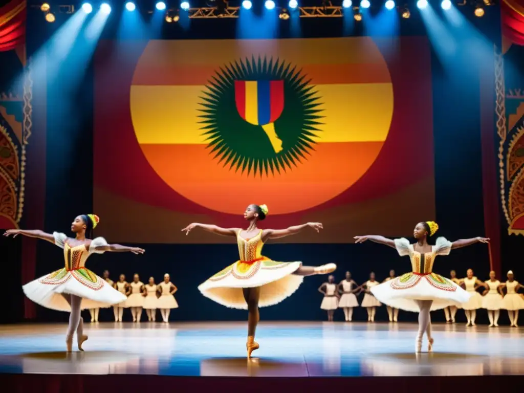 El Ballet Nacional de Guinea deslumbra con danzas tradicionales en un escenario grandioso, vistiendo trajes vibrantes