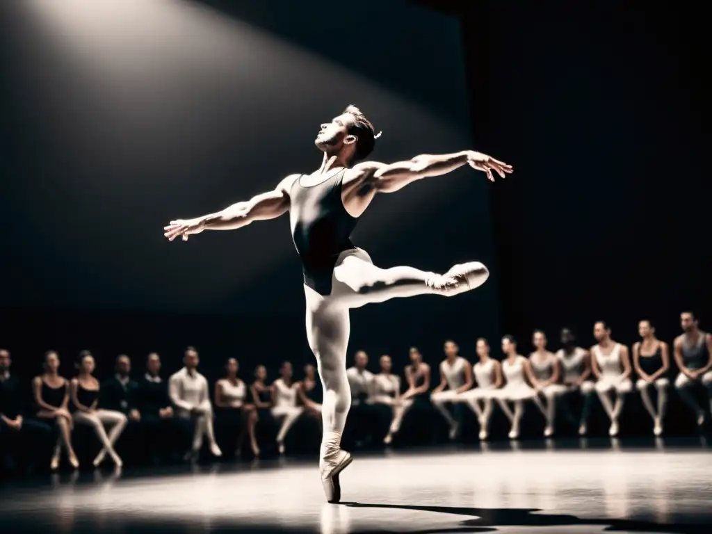 El bailarín de ballet realiza un salto poderoso y emotivo en el escenario, capturando la fuerza y gracia del hombre en el ballet