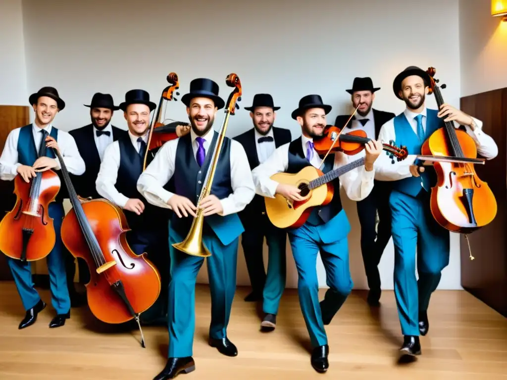 Una banda de música klezmer anima una boda judía en Europa del Este con danzas tradicionales y colores vibrantes