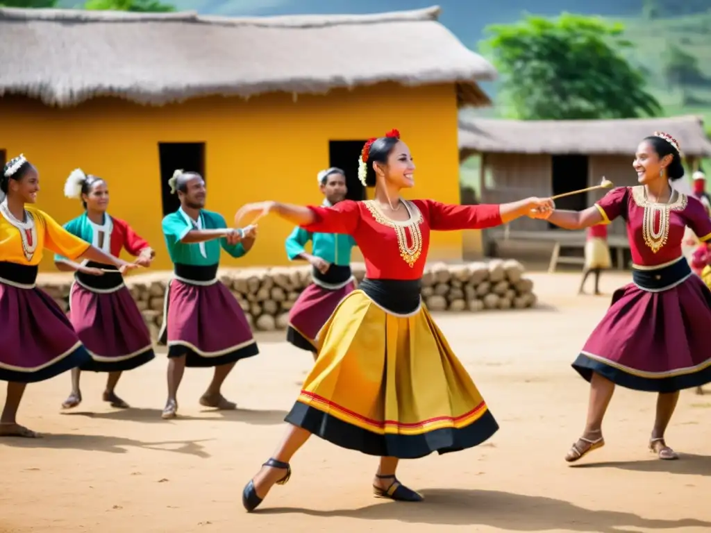 Construye banda sonora danza folclórica en una vibrante actuación al atardecer en una aldea rural