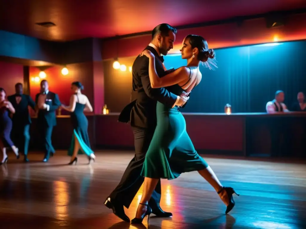 Un bar de tango con bailarines diversos expresando pasión y libertad