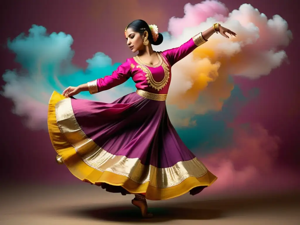 Una bella bailarina de Kathak, con trajes coloridos, danza con gracia y expresión en un remolino de compás de Bollywood y Danzas Clásicas