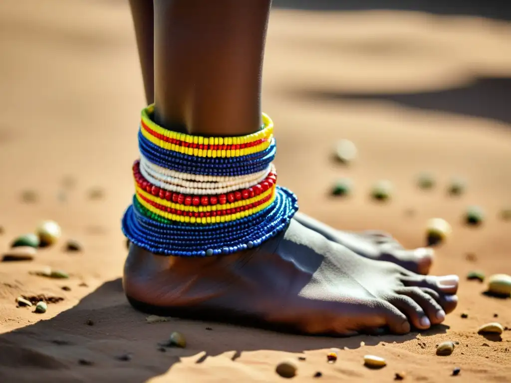 Bellas pulseras de tobillo adornadas con coloridas cuentas, resaltando el significado cultural de accesorios de danzas africanas