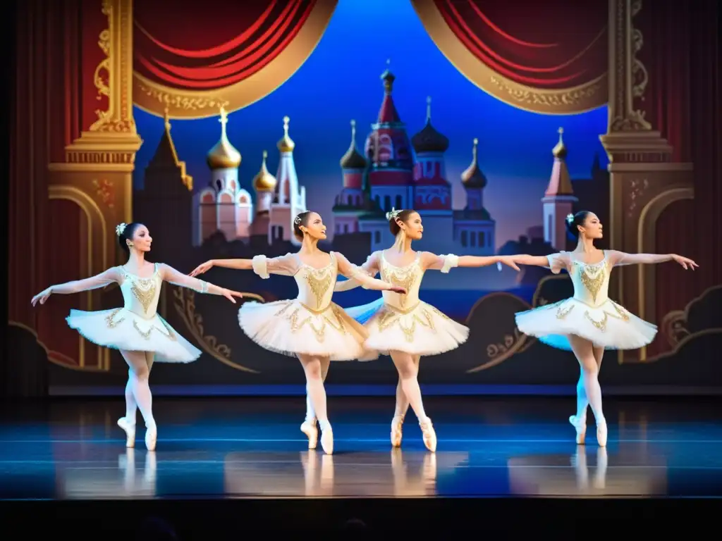 Belleza y disciplina en Ballet Ruso: Grupo de bailarines en trajes tradicionales realizando una elegante rutina de baile en el escenario