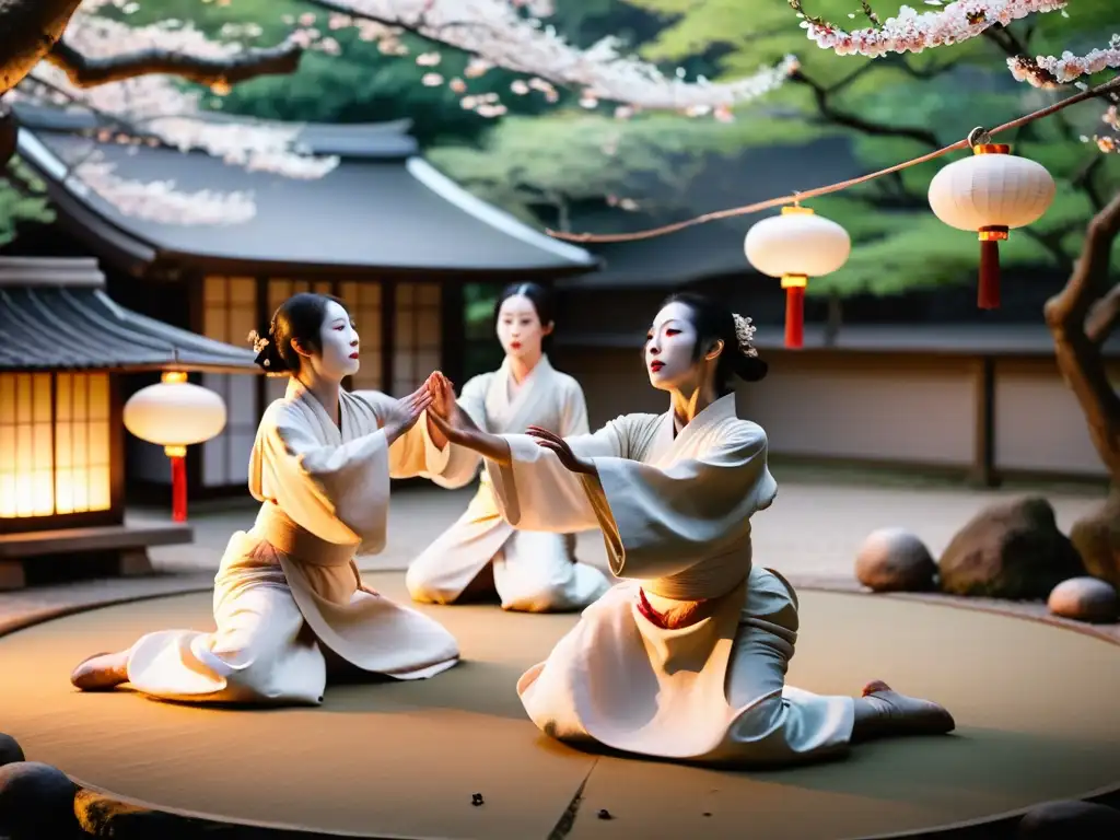 Bello festival de danza Butoh en jardín japonés, con movimientos expresivos y la belleza de la naturaleza