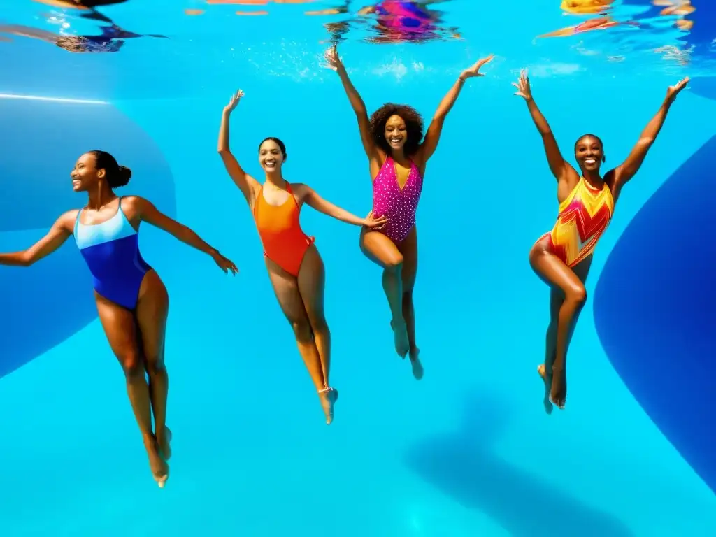 Beneficios de la danza acuática en la piscina: grupo diverso bailando con gracia y color en un entorno acuático sereno y vibrante