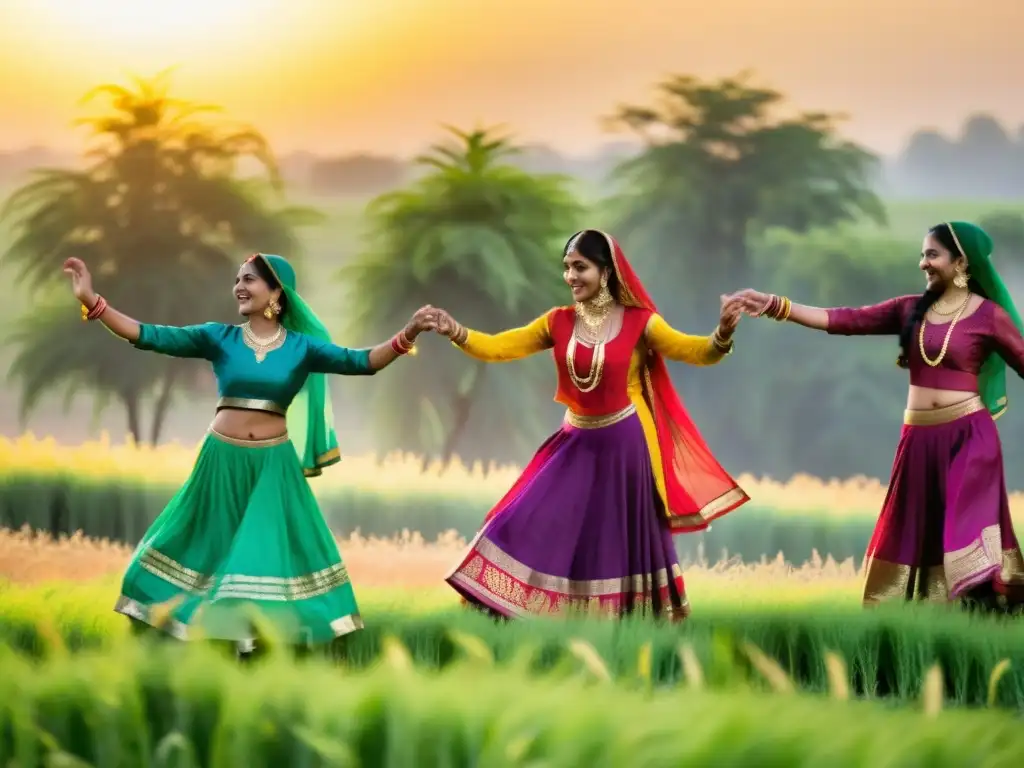 Bhangra tradicional en campo de trigo, celebrando la festividad con baile y música en el corazón agrícola de Punjab