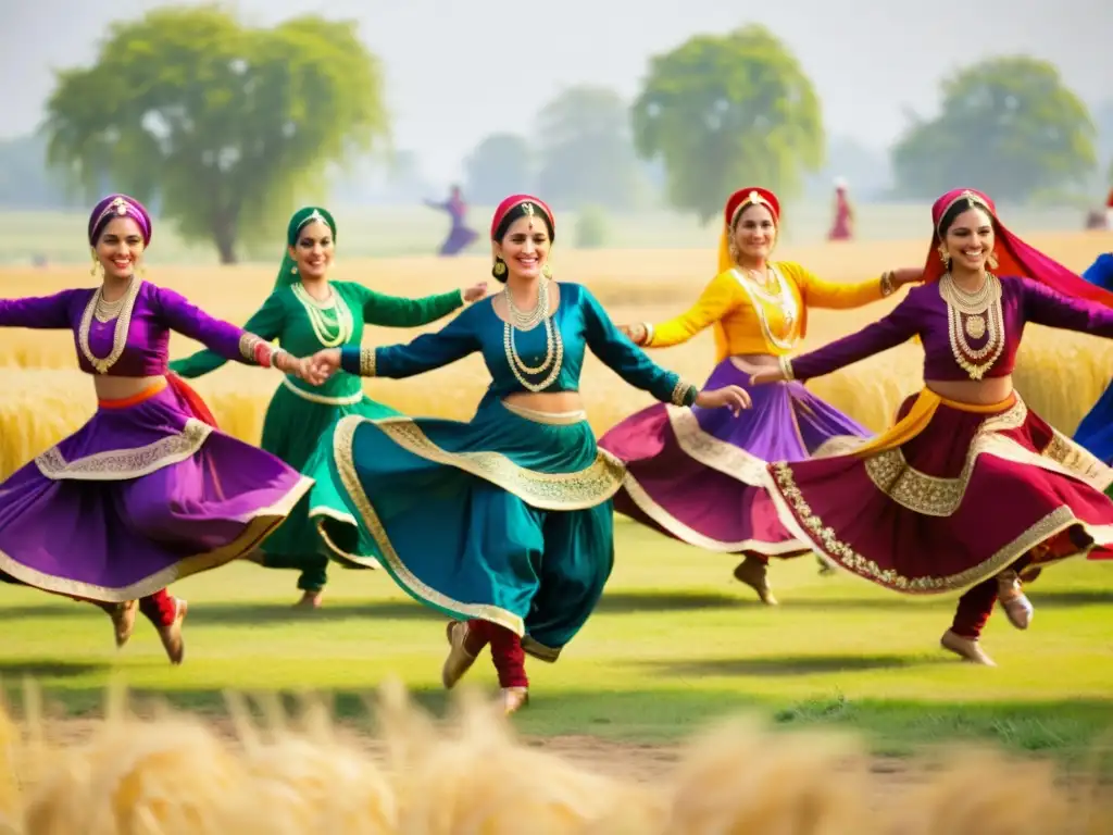 Bhangra tradicional: vibrantes bailarines en trajes punjabi, danzando entre campos de trigo al sol, celebrando la festividad agrícola