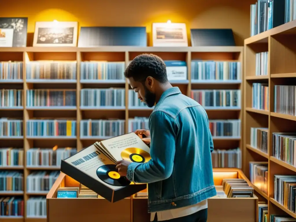 Explorando una biblioteca musical de danzas del mundo, rodeado de instrumentos y mapas, una persona examina cuidadosamente un vinilo