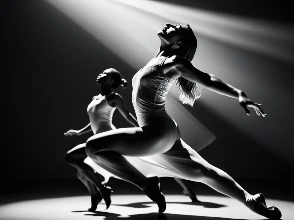 Una fotografía en blanco y negro de bailarines en plena actuación, transmitiendo gracia y poder a través de la danza