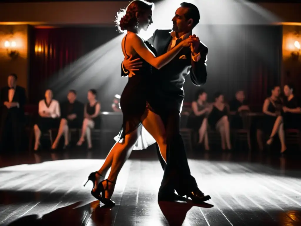 Una fotografía en blanco y negro de un club de tango, con bailarines expresando pasión en un abrazo