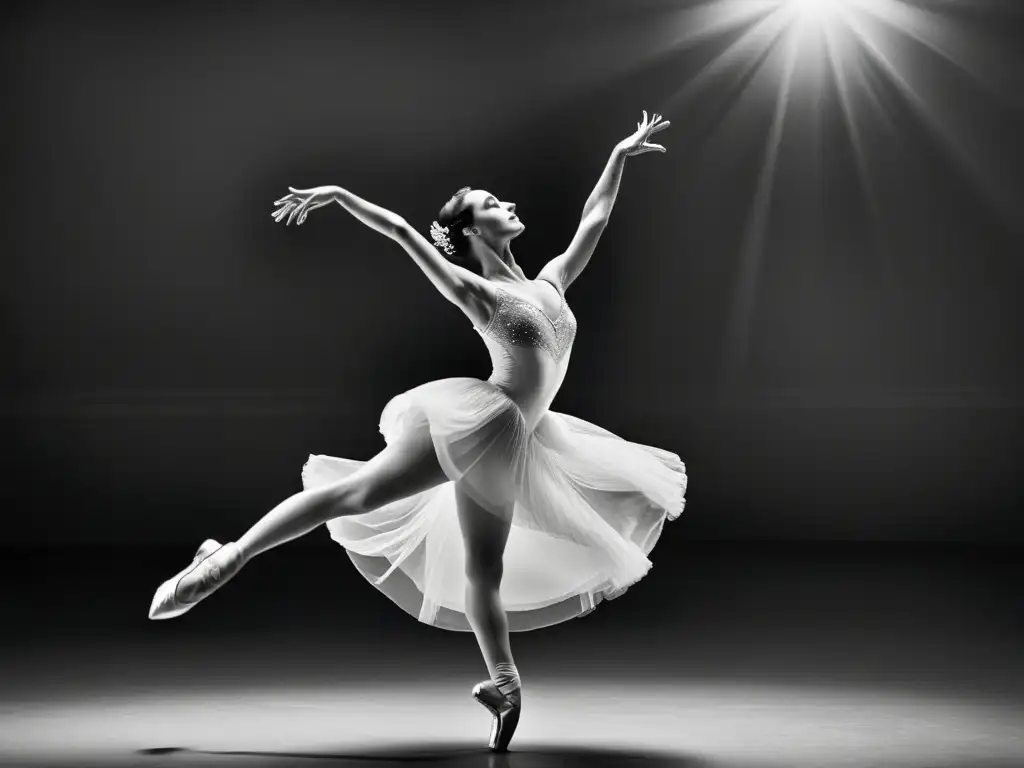 Una fotografía en blanco y negro de Anna Pavlova en una pose clásica de ballet, capturando su gracia y elegancia atemporal