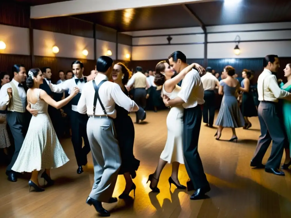 Una fotografía en blanco y negro de una sala de baile abarrotada en Buenos Aires en 1940, con parejas bailando tango apasionadamente