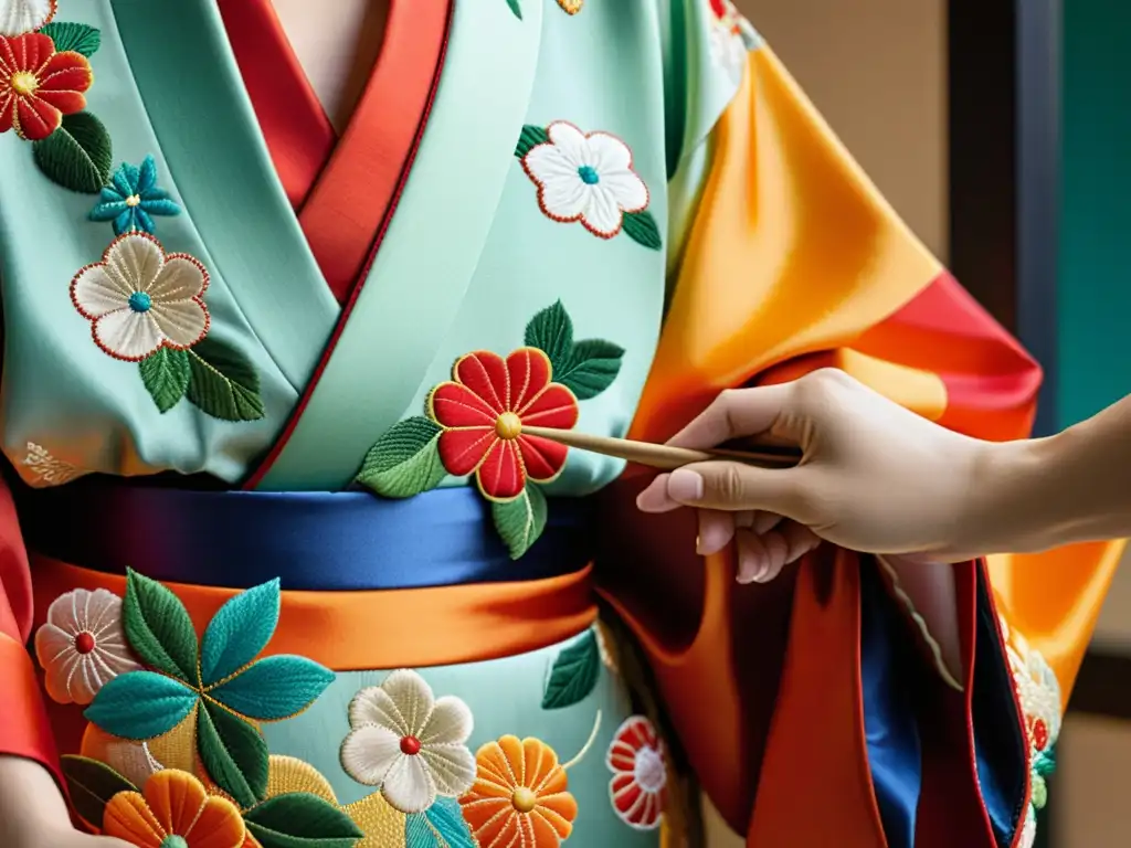 Bordado detallado de un kimono japonés tradicional, muestra el significado de las vestimentas de danzas japonesas