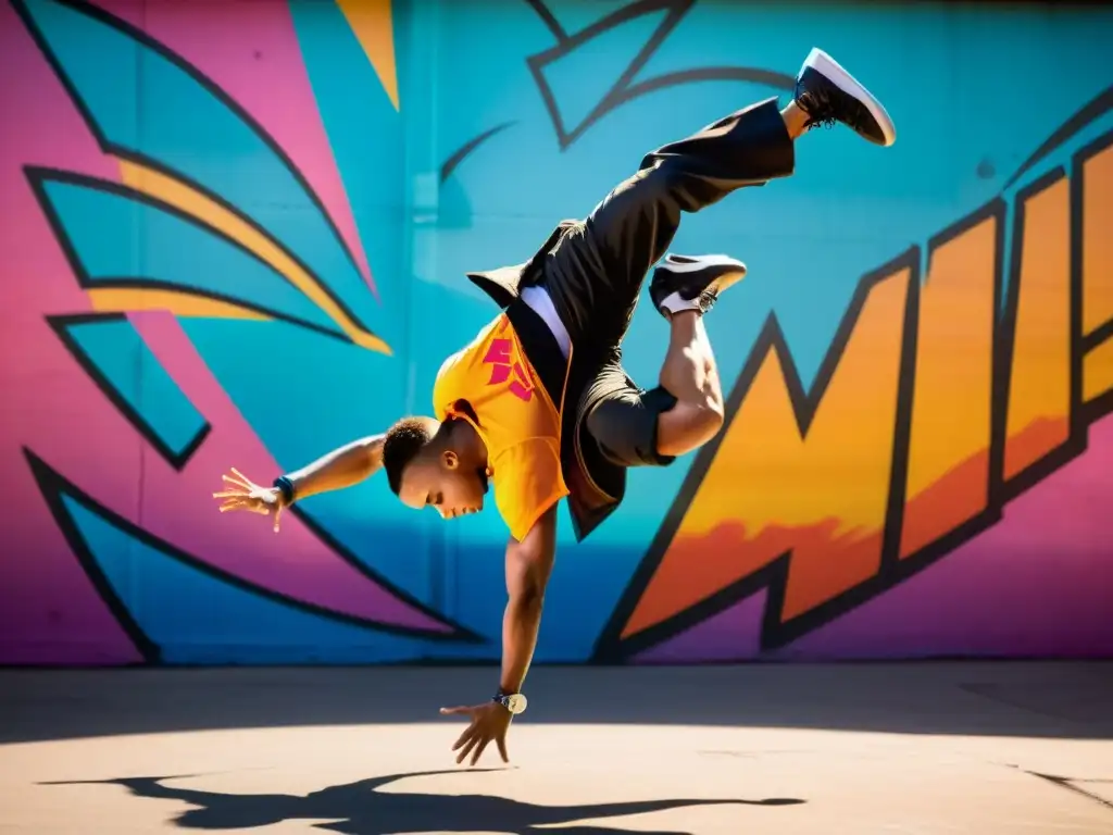 Un breakdancer en pleno vuelo ejecuta un windmill impecable frente a un vibrante mural urbano