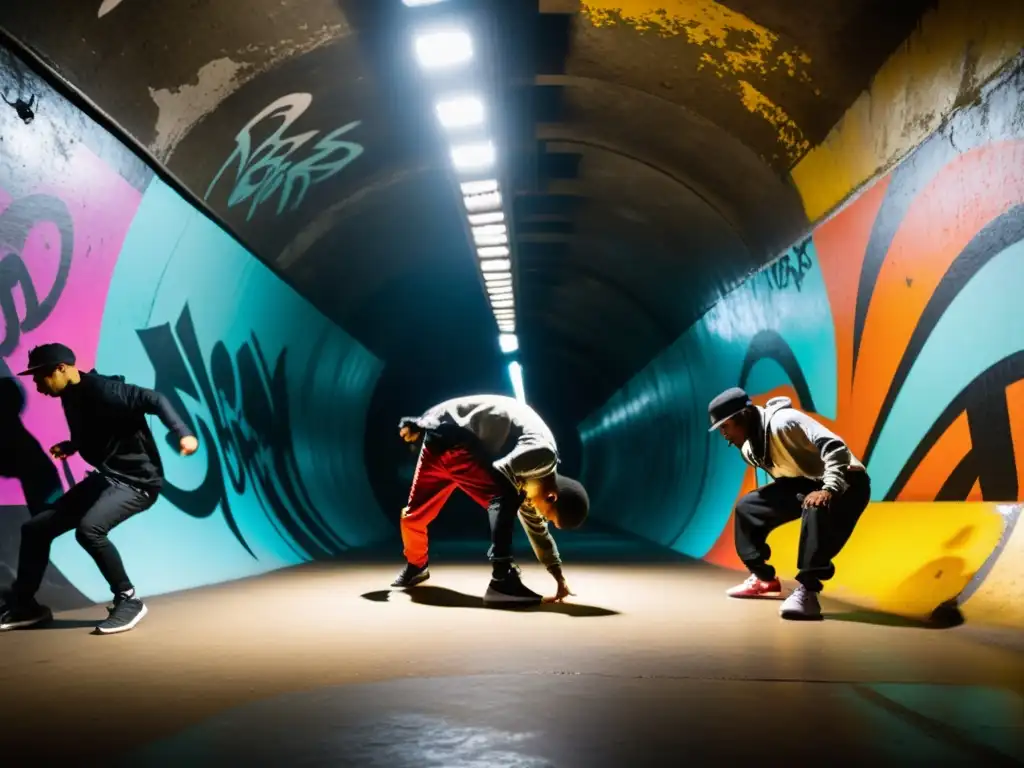 Breakdancers compiten en un túnel subterráneo, con poses desafiantes y graffiti vibrante, capturando la legitimación del breakdance en academia