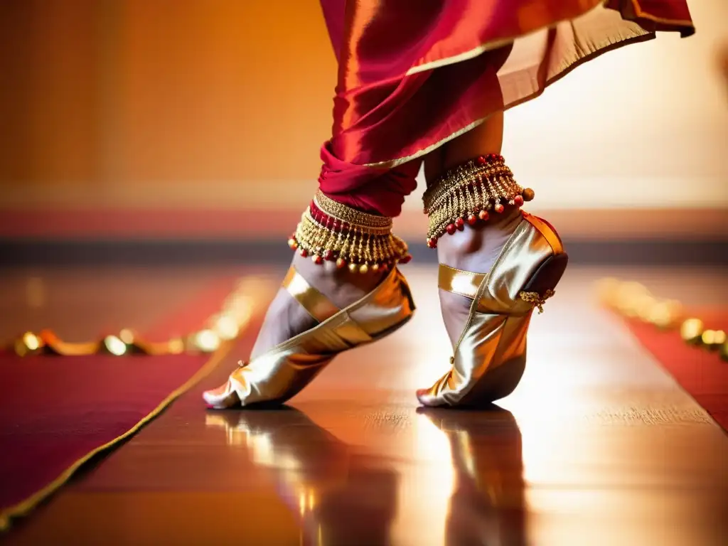 Los brillantes ghungroos resuenan al compás de los pies de la bailarina de Bharatanatyam, envueltos en seda roja y dorada, iluminados por una cálida luz dorada en el escenario de madera pulida, capturando la esencia dinámica y expresiva de esta