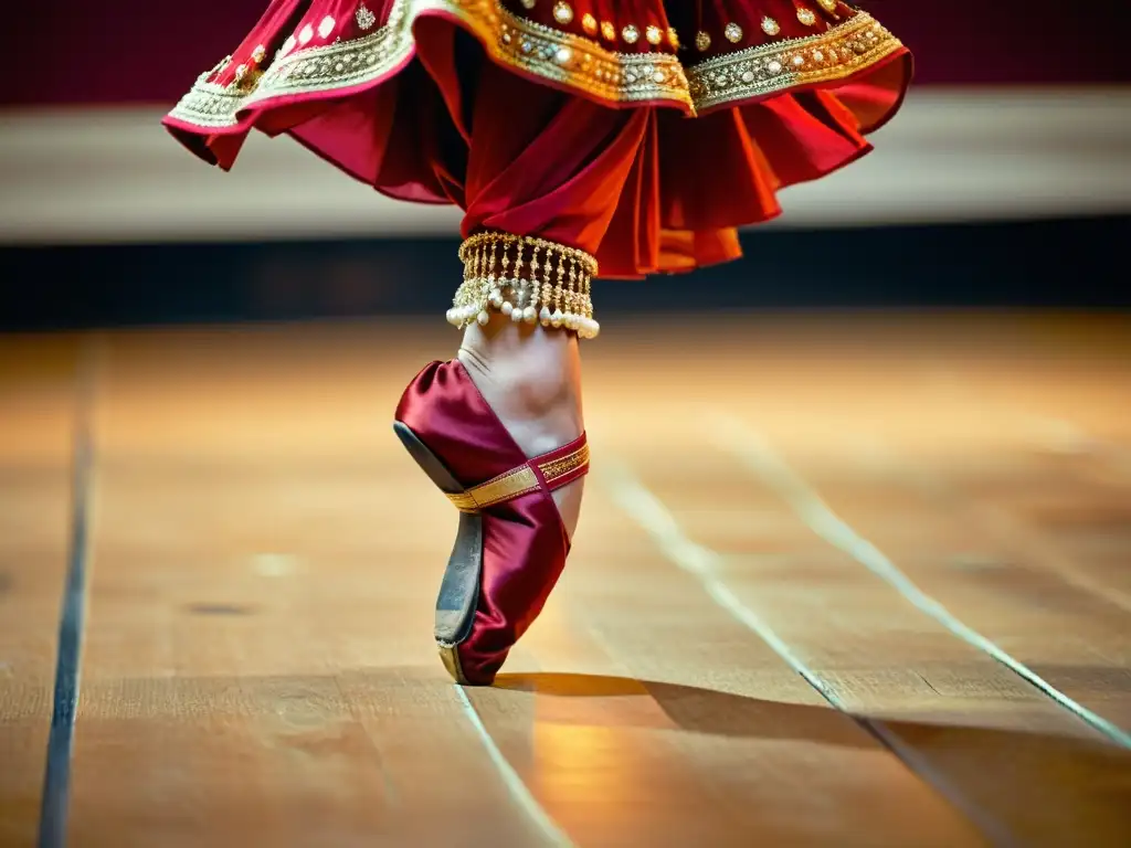 Los brillantes ghungroos de una bailarina de Kathak en pleno movimiento, danza clásica India Kathak técnica