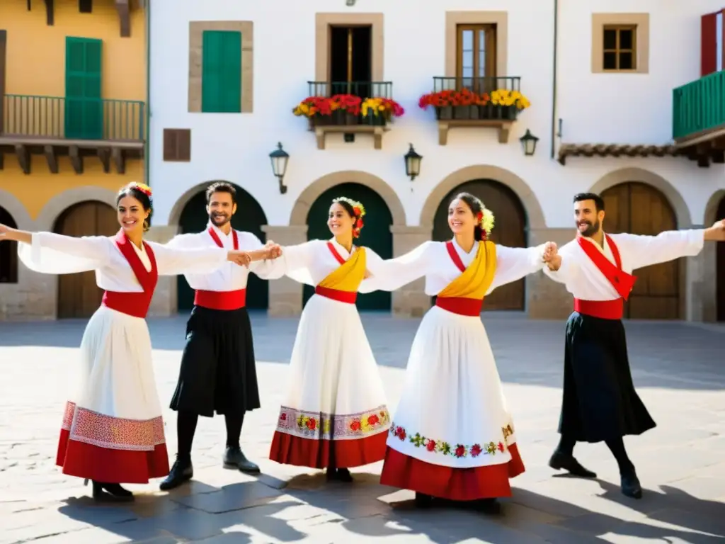 El bullicio de una plaza histórica llena de vida con bailarines vestidos con la tradicional vestimenta de la sardana, expresando orgullo cultural