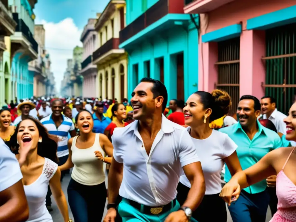 Una bulliciosa calle cubana llena de gente bailando al ritmo de la Guaracha
