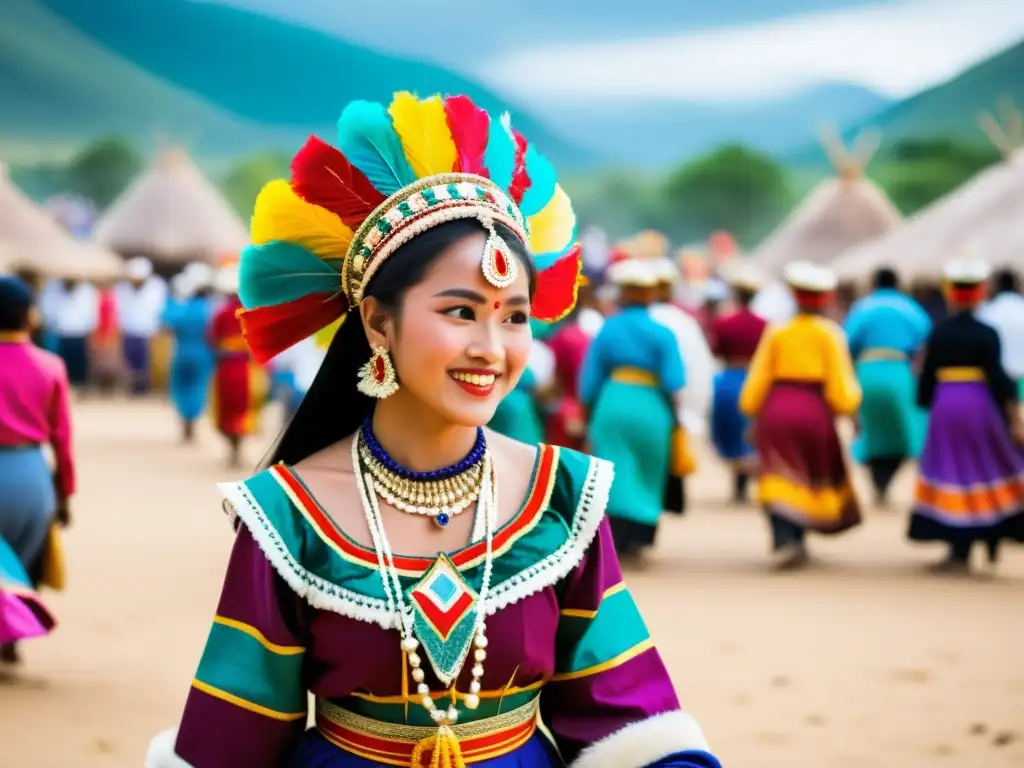 Una bulliciosa y vibrante feria en un pueblo remoto, con danzas tradicionales y coloridos trajes