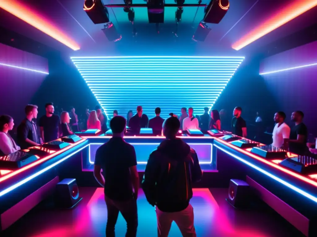 El bullicioso club nocturno del futuro, con luces de neón y tecnología avanzada para música danza, captura la alegría atemporal de bailar