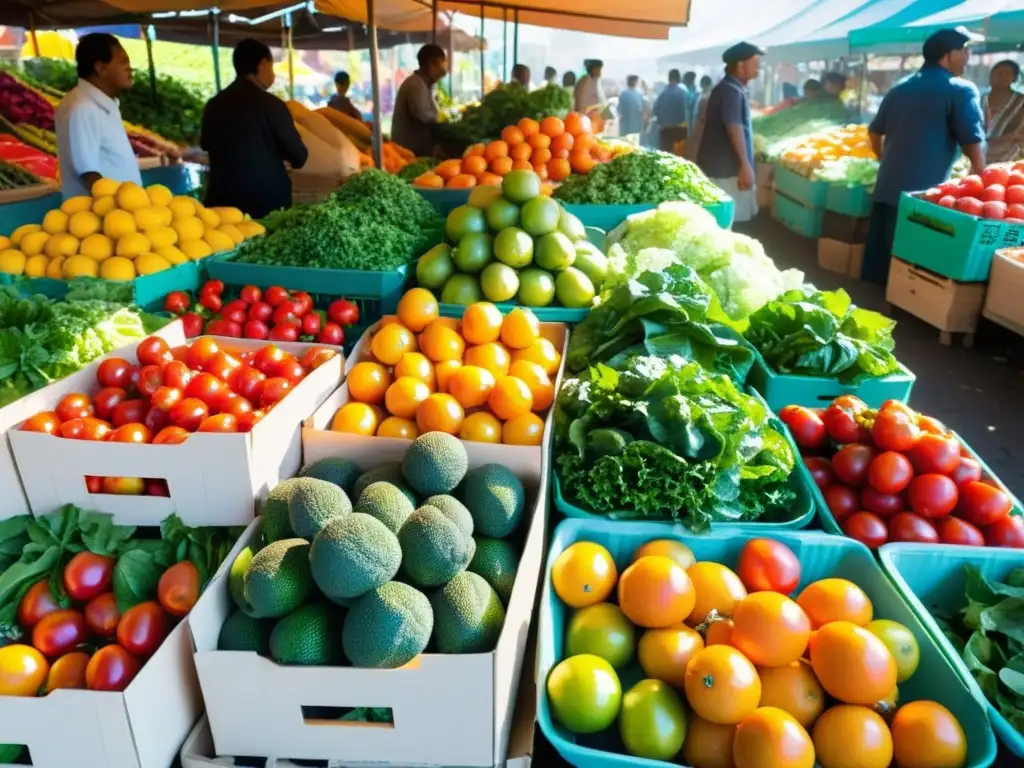 Un bullicioso mercado de frutas y verduras con colores vibrantes