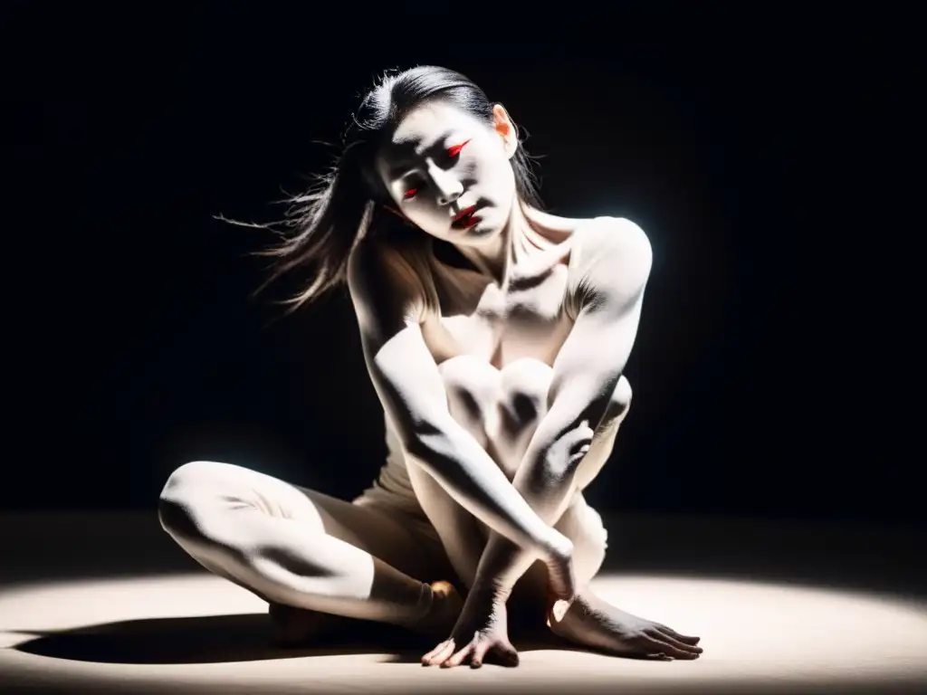 Un Butoh dancer en una pose contorsionada, su cuerpo blanco brillando bajo la luz del escenario