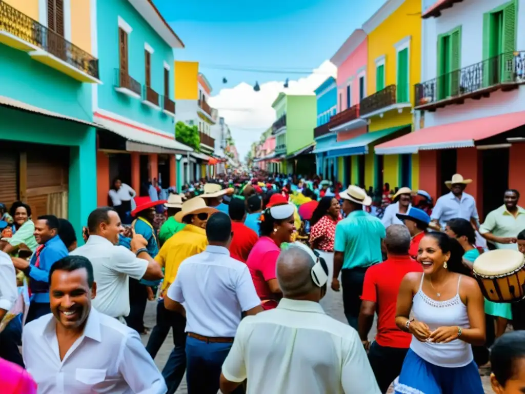 Una calle animada en República Dominicana durante un vibrante festival de merengue