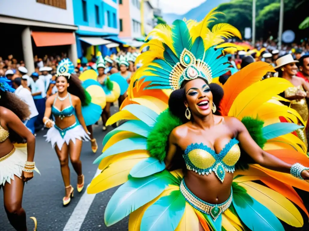 Una calle bulliciosa de Río de Janeiro durante el Carnaval, con personas vestidas con trajes coloridos, bailando al ritmo de la samba