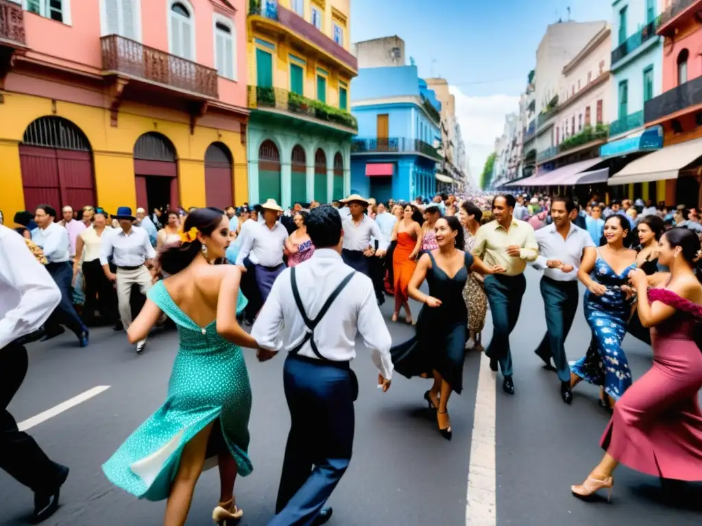 Una calle de Buenos Aires llena de murales vibrantes y personas bailando tango al aire libre