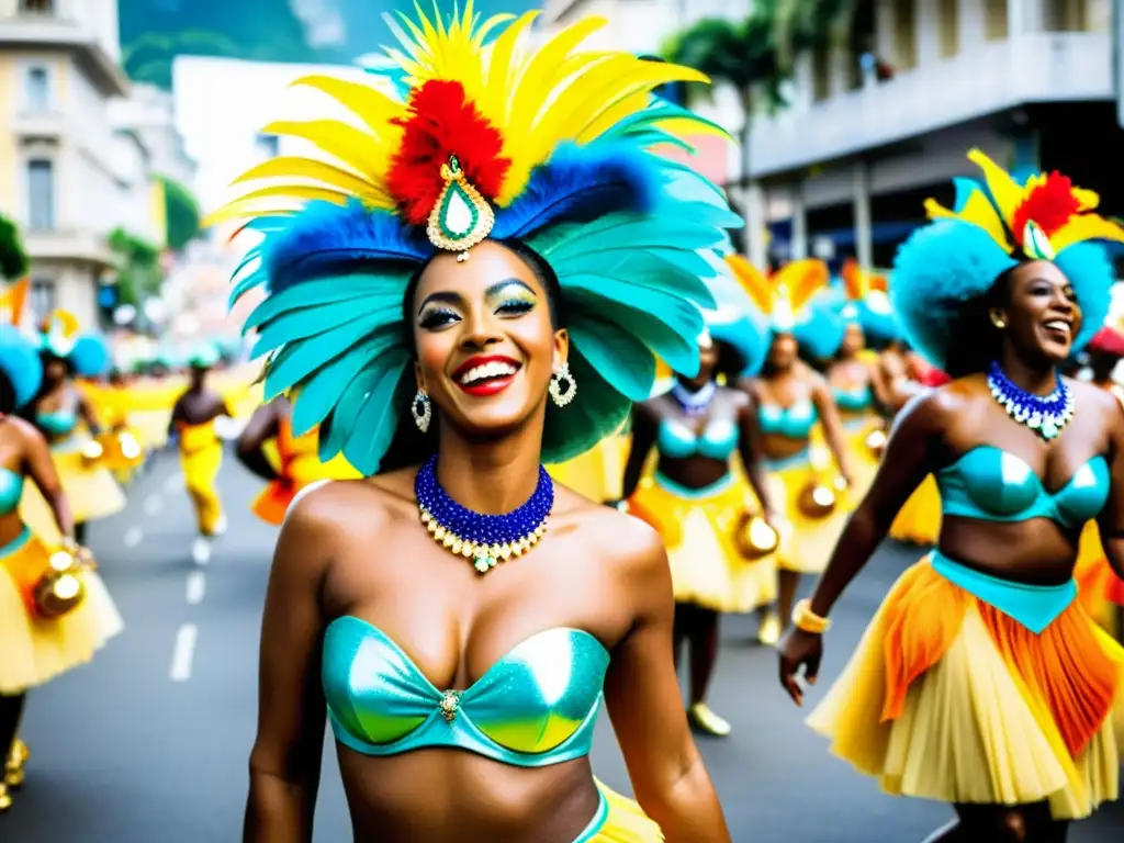 Una calle vibrante y bulliciosa en Río de Janeiro durante el Carnaval, llena de coloridos trajes, bailarines de samba y carrozas exuberantes