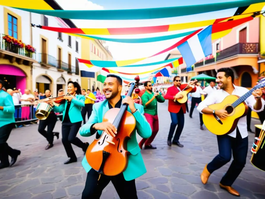 Celebración callejera europea llena de energía con músicos y gente bailando cumbia