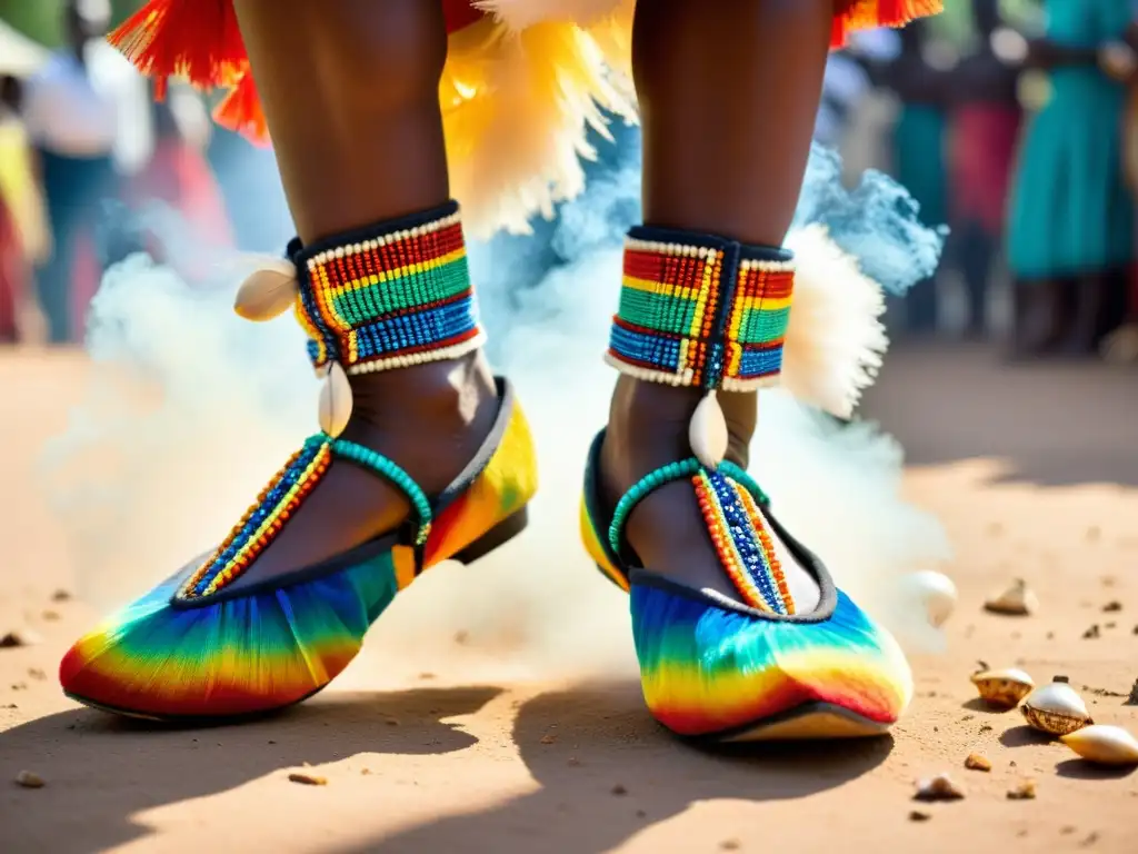 Calzado tradicional en culturas africanas: zapatos de baile tribal adornados con plumas y conchas, envueltos en polvo danzante bajo la luz del sol