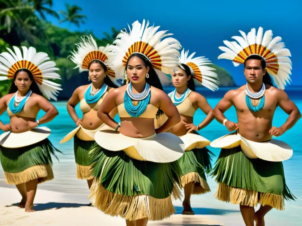 Cantos tradicionales danzas Tonga: Grupo de bailarines tradicionales Tonganos en coloridos trajes de tapa, moviéndose al ritmo de tambores, con el océano Pacífico de fondo