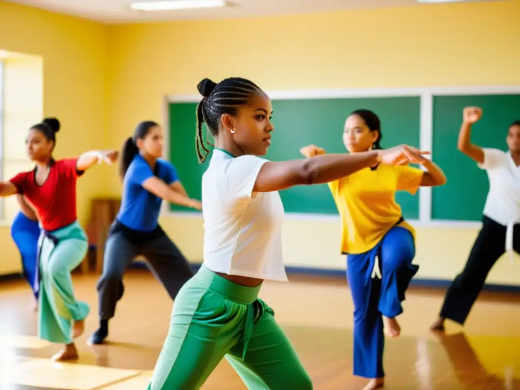 Transmisión de capoeira en aulas: Estudiantes diversos practican con maestro en escena colorida y animada