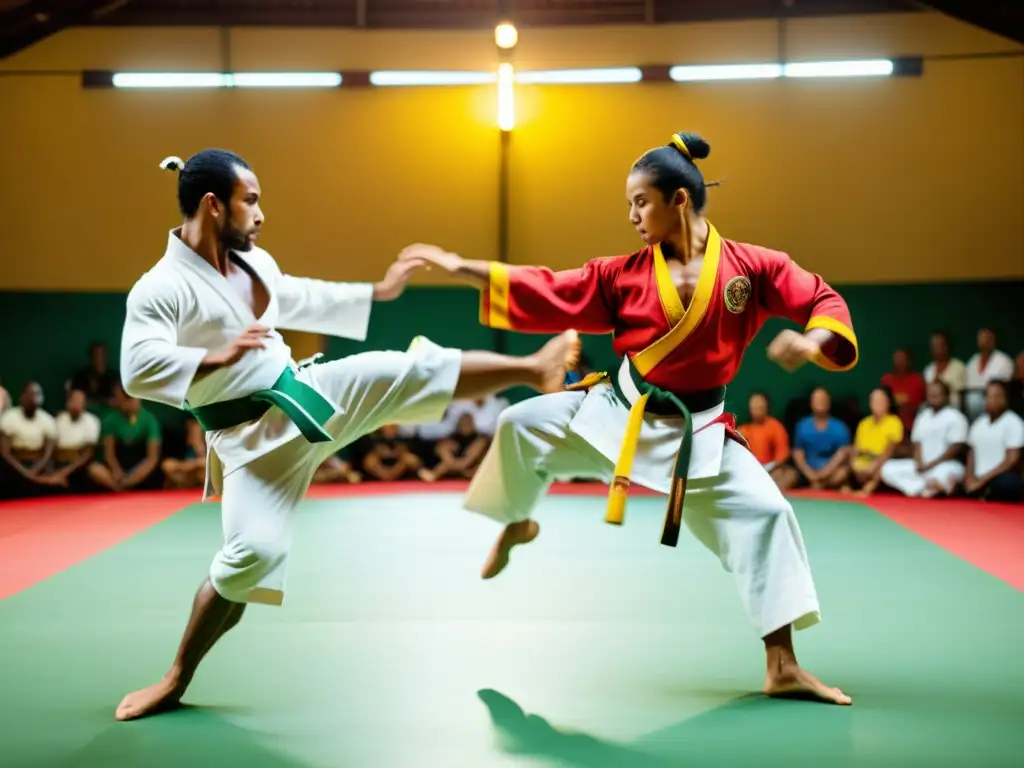 Dos capoeiristas ejecutan movimientos acrobáticos en una roda, mostrando la energía y significado cultural de la capoeira brasileña