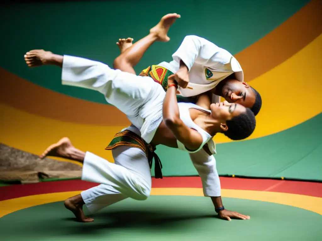 Dos capoeiristas en pleno movimiento en una roda, destacando la energía y el significado cultural de la capoeira afrobrasileña