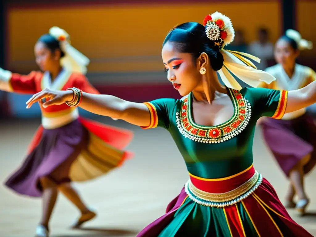 Captura cinematográfica de danza tradicional, con trajes vibrantes, movimientos dinámicos y expresiones apasionadas