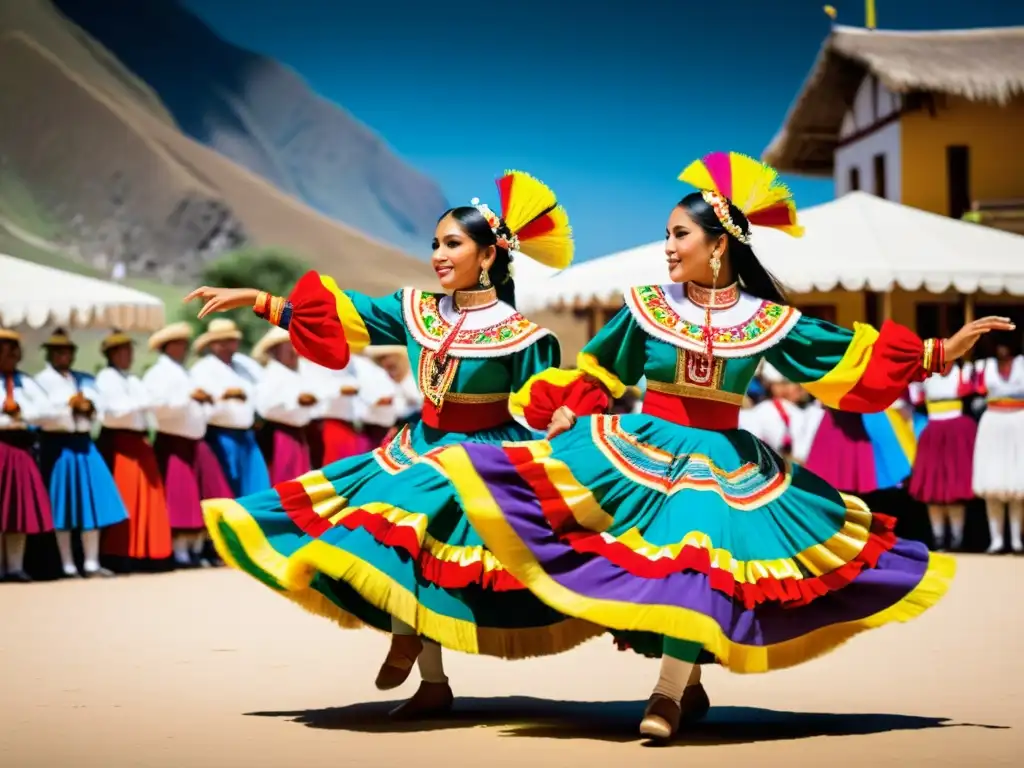 Una captura de la danza tradicional peruana Marinera, con trajes coloridos y movimientos elegantes, evocando la gracia y belleza de la cultura