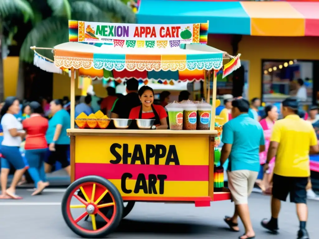 Un carrito de raspa mexicana tradicional llena de colores y sabores, reflejando la energía y la comunidad de esta tradición cultural