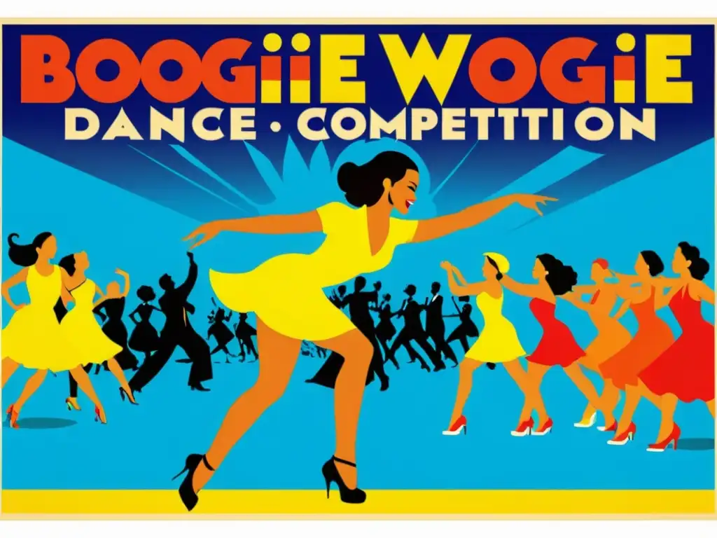 Cartel vintage de concurso de Boogiewoogie, con colores vibrantes, tipografía audaz, bailarines y público entusiasta