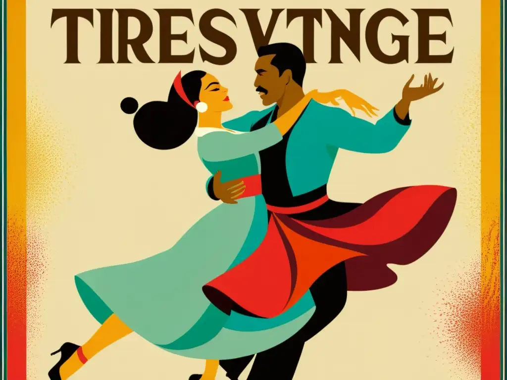 Un cartel vintage de danzas tradicionales con colores vibrantes y movimiento dinámico