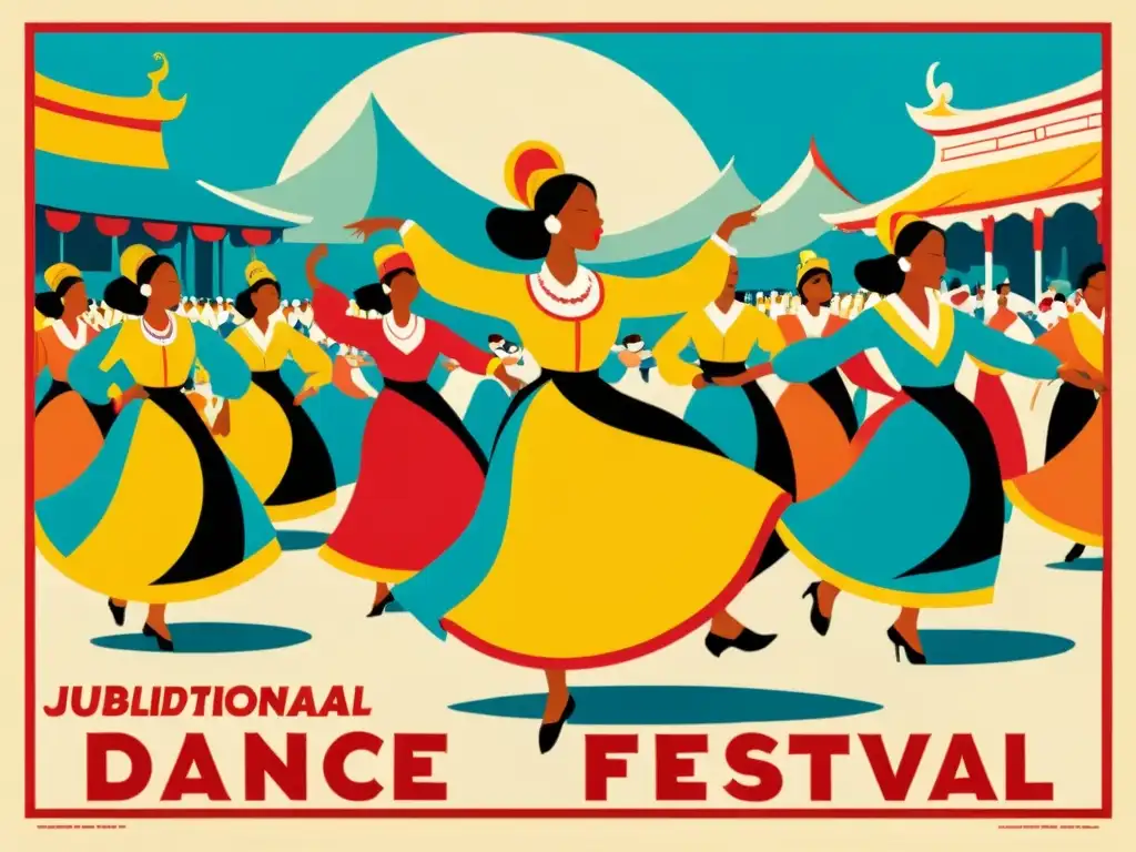 Cartel vintage de festival de danzas tradicionales con colores vibrantes, música animada y multitud jubilosa en la plaza