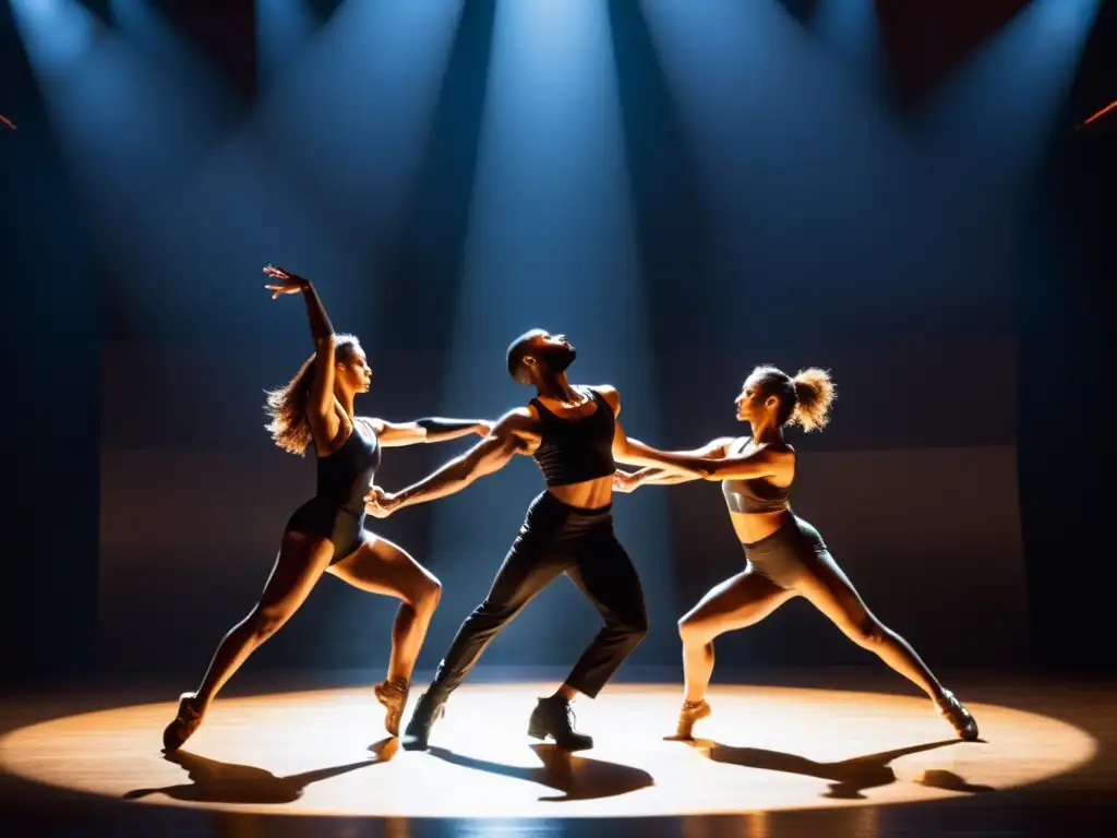 Un cautivador baile contemporáneo, cuerpos entrelazados en una pose dinámica, iluminados por un foco en el escenario