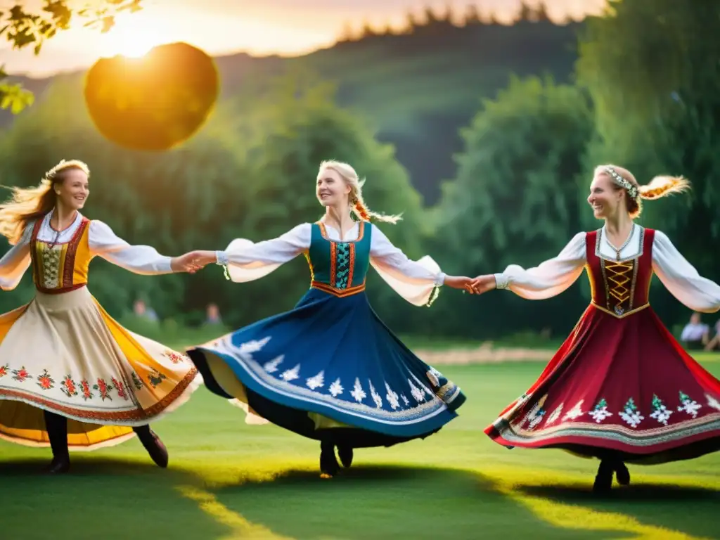 Un cautivador baile tradicional nórdico en un paisaje verde, con trajes vibrantes y música en vivo