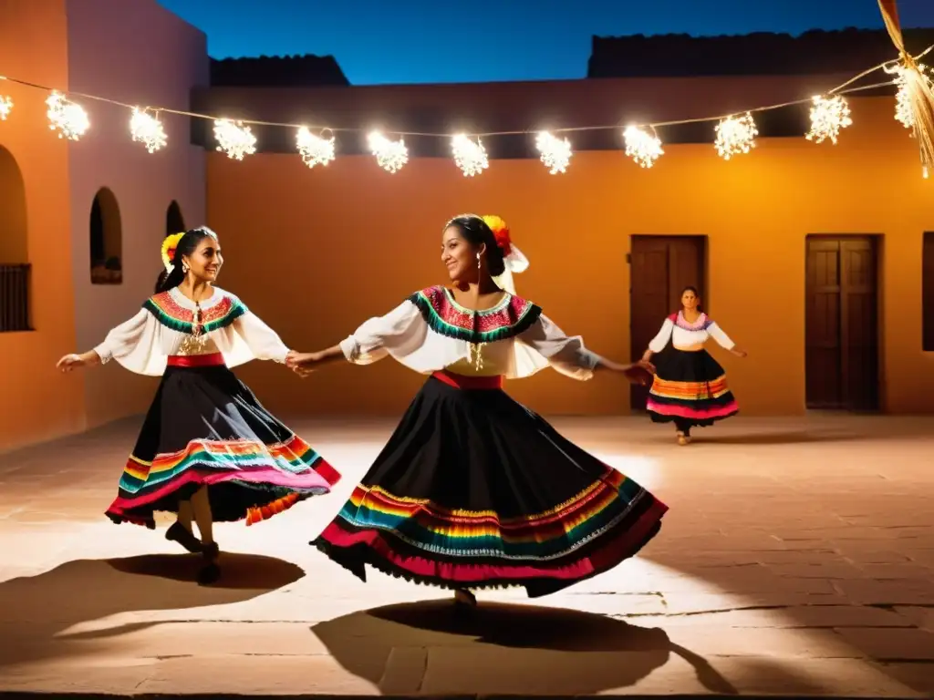 Un cautivador espectáculo de danza folclórica mexicana en un patio semioscuro, con trajes vibrantes iluminados por cálidas luces