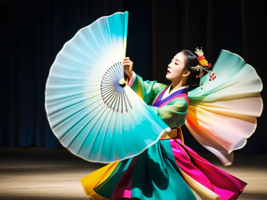 Un cautivador espectáculo de danza tradicional coreana, con movimientos intrincados y coloridos vestidos hanbok